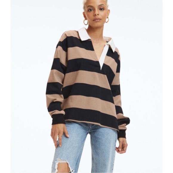 Good American Tops - *SOLD* NEW Good American Oversized Rugby Shirt Tan/Black Size 1/2 (Small/Medium)